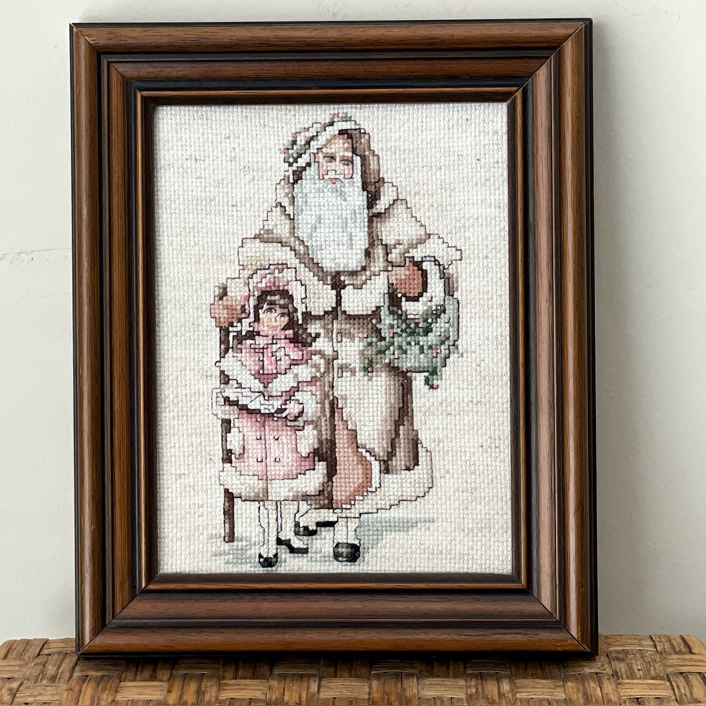 Framed Santa with a Little Girl Cross Stitch Art Picture